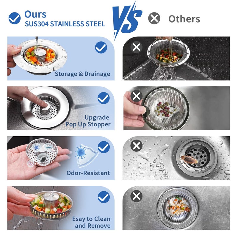WERMARS 3-in-1 Kitchen Sink Drain Strainer - Pop Up Sink Stopper, Stainless Steel Sink Drain Strainer, Kitchen Sink Stopper & Drain Plug with Anti-Clogging Basket,Sink Strainer Fits US Standard 3-1/2'' Drains - Image 4