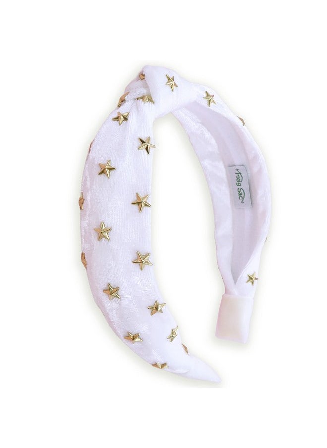 FROG SAC Star Studded Knot Headband For Girls White Knotted Headbands For Kids Cute Stud Hair Bands Little Girl Velvet Hair Accessories Gold Stars Hairband No Slip Fashion Head Band  - Image 1