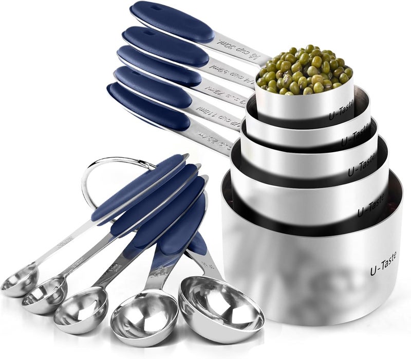 U-Taste Measuring Cups and Spoons: 18/8 Stainless Steel Heavy Duty Metal Kitchen Baking Cooking Food Measure Gadgets, 5 Cups 5 Spoons for Dry and Liquid Ingredient (Set of 10, Midnight Blue) - Image 1