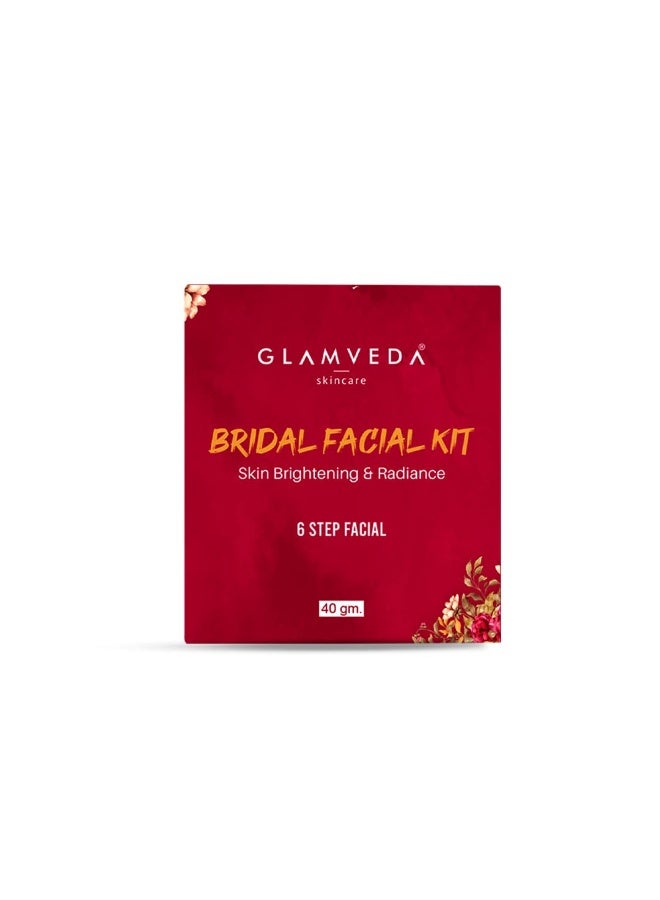 Glamveda 6 Steps Bridal Facial Kit | Natural Glow + Skin Brightening & Radiance | with Pomegranate, Grape Seed Oil, Vitamin E & Aloevera | All Skin type| Single Use| Pack of 1 | 40gm - Image 1
