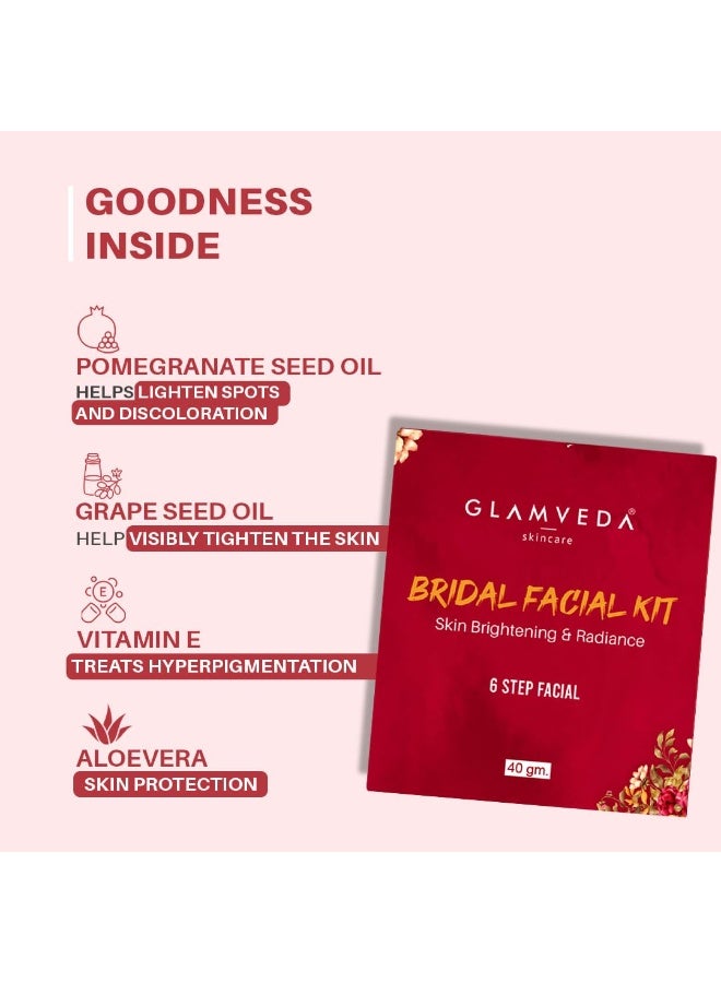 Glamveda 6 Steps Bridal Facial Kit | Natural Glow + Skin Brightening & Radiance | with Pomegranate, Grape Seed Oil, Vitamin E & Aloevera | All Skin type| Single Use| Pack of 1 | 40gm - Image 3
