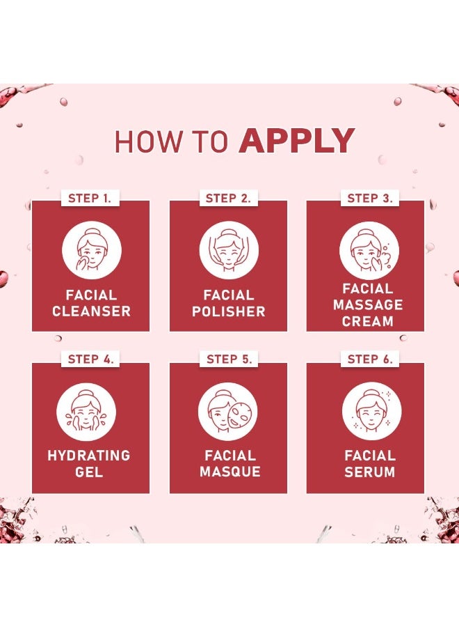 Glamveda 6 Steps Bridal Facial Kit | Natural Glow + Skin Brightening & Radiance | with Pomegranate, Grape Seed Oil, Vitamin E & Aloevera | All Skin type| Single Use| Pack of 1 | 40gm - Image 4