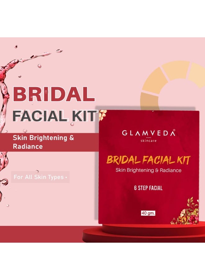 Glamveda 6 Steps Bridal Facial Kit | Natural Glow + Skin Brightening & Radiance | with Pomegranate, Grape Seed Oil, Vitamin E & Aloevera | All Skin type| Single Use| Pack of 1 | 40gm - Image 2