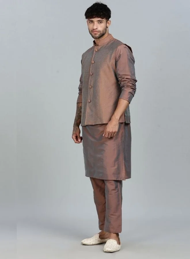 Abhishti  Brown Kurta Pant with Woven Design Bandi Set  | Best Price UAE