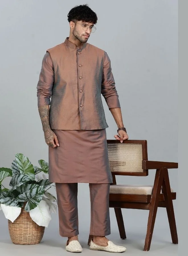 Abhishti  Brown Kurta Pant with Woven Design Bandi Set  | Best Price UAE