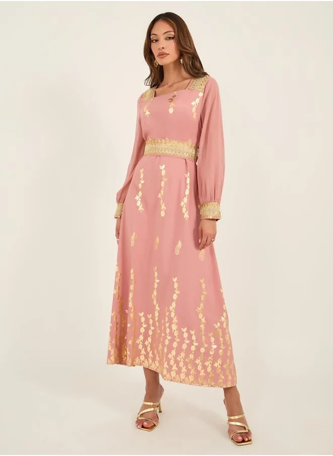 كي أل Foil Printed Square Neck Midi Dress with Lace Belt Detail by Styli