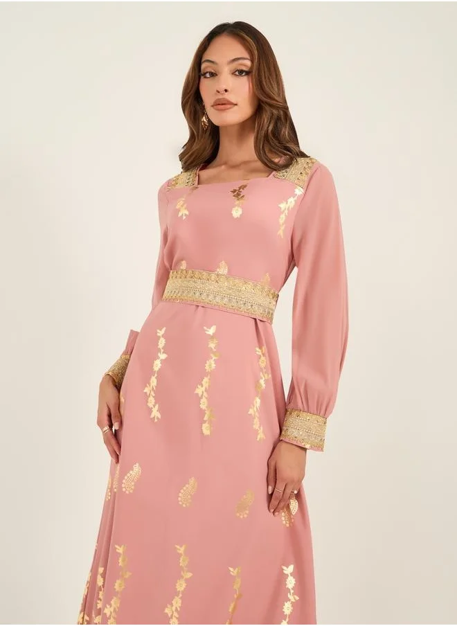 كي أل Foil Printed Square Neck Midi Dress with Lace Belt Detail by Styli