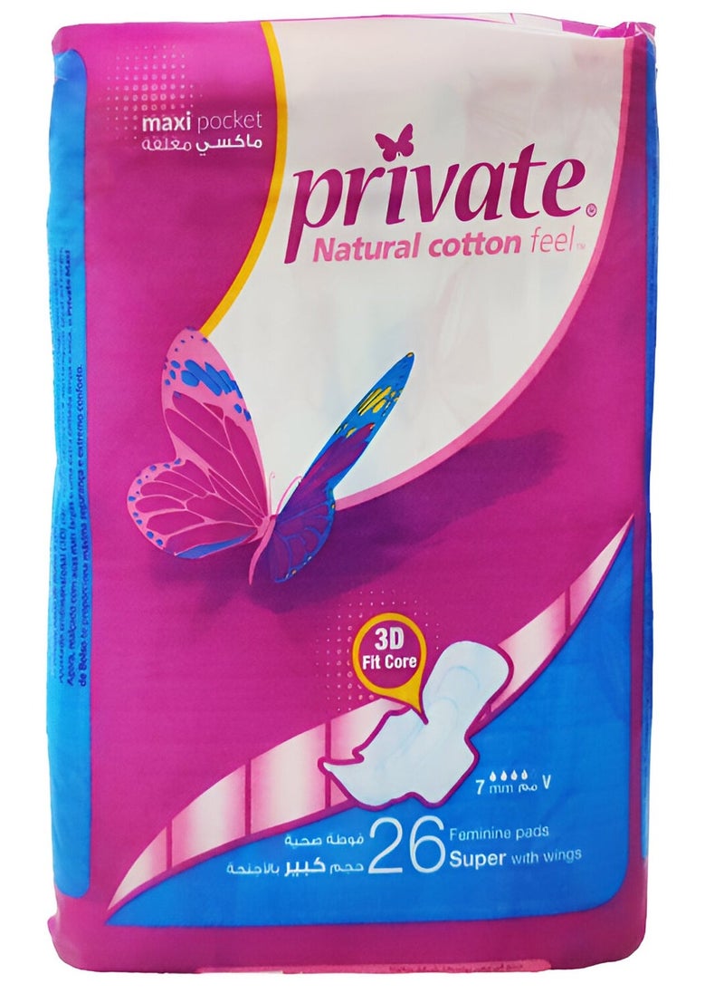Private 26-Piece Natural Cotton Feel Maxi Feminine Pads With Wings