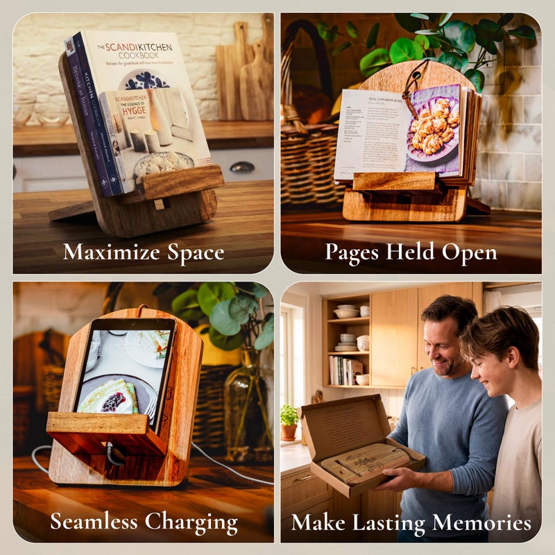 ULLAHOLM Wood Cook Book Stand for Kitchen Counter - Reversible Acacia Wooden Recipe Book Holder Stand - Cooking Measurement Conversion Card - Gift-Ready Adjustable Tablet Cook Book Holder - Charging Cable Slot - Image 2