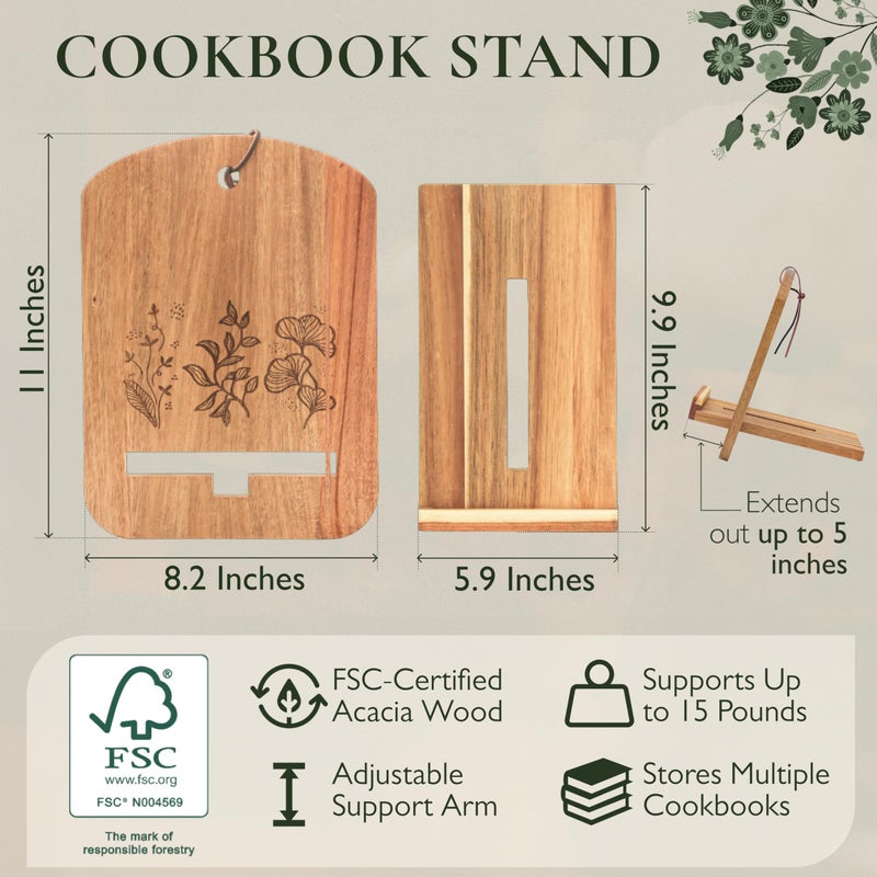 ULLAHOLM Wood Cook Book Stand for Kitchen Counter - Reversible Acacia Wooden Recipe Book Holder Stand - Cooking Measurement Conversion Card - Gift-Ready Adjustable Tablet Cook Book Holder - Charging Cable Slot - Image 4