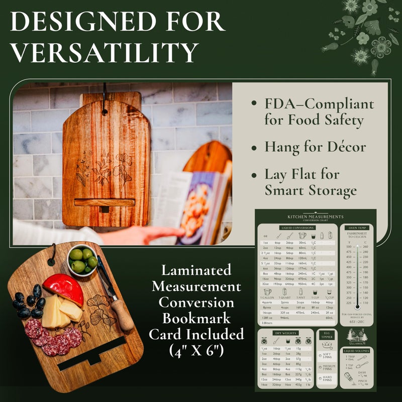 ULLAHOLM Wood Cook Book Stand for Kitchen Counter - Reversible Acacia Wooden Recipe Book Holder Stand - Cooking Measurement Conversion Card - Gift-Ready Adjustable Tablet Cook Book Holder - Charging Cable Slot - Image 3
