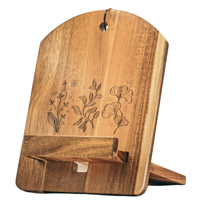 ULLAHOLM Wood Cook Book Stand for Kitchen Counter - Reversible Acacia Wooden Recipe Book Holder Stand - Cooking Measurement Conversion Card - Gift-Ready Adjustable Tablet Cook Book Holder - Charging Cable Slot - Image 1