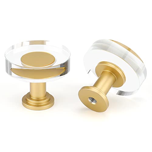 LONTAN 10 Pack Glass Cabinet Knobs Gold Drawer Knobs Round Crystal Cabinet Handles Clear White Hardware for Dresser Bathroom, Aluminum Alloy Base - Image 1