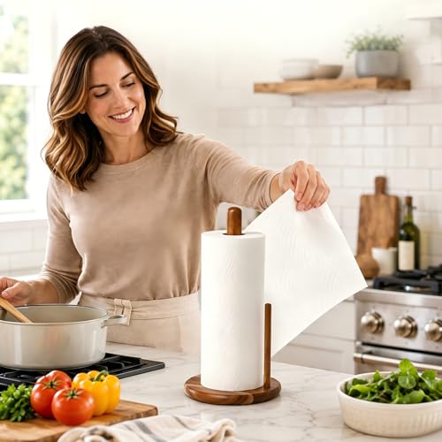 E-ROOM TREND EROOM TREND Acacia Wood Paper Towel Holder Countertop Wooden Paper Towel Holder Thicken Base for Kitchen Easy to Assemble Sturdy Durable Natural Wood Color - Image 3