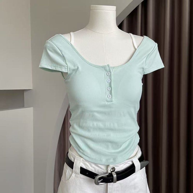 Fake Two-Piece Floral Short-Sleeved T-Shirt For Women With Breast Pads, Slimming Look, Pure Desire Backless Short Top For Women - Image 1