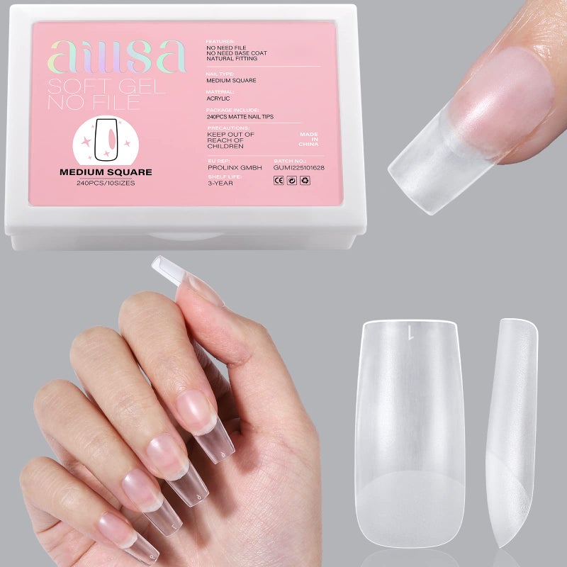 AILLSA Medium Square Nail Tips - Upgraded Matte Gel Full Cover Nails Tips No Filed, 240Pcs Pre-shaped Gelly Tips Acrylic Clear Fake Press On Soft Nail Tip for Soak Off Nail Extension 10 Sizes - Image 1