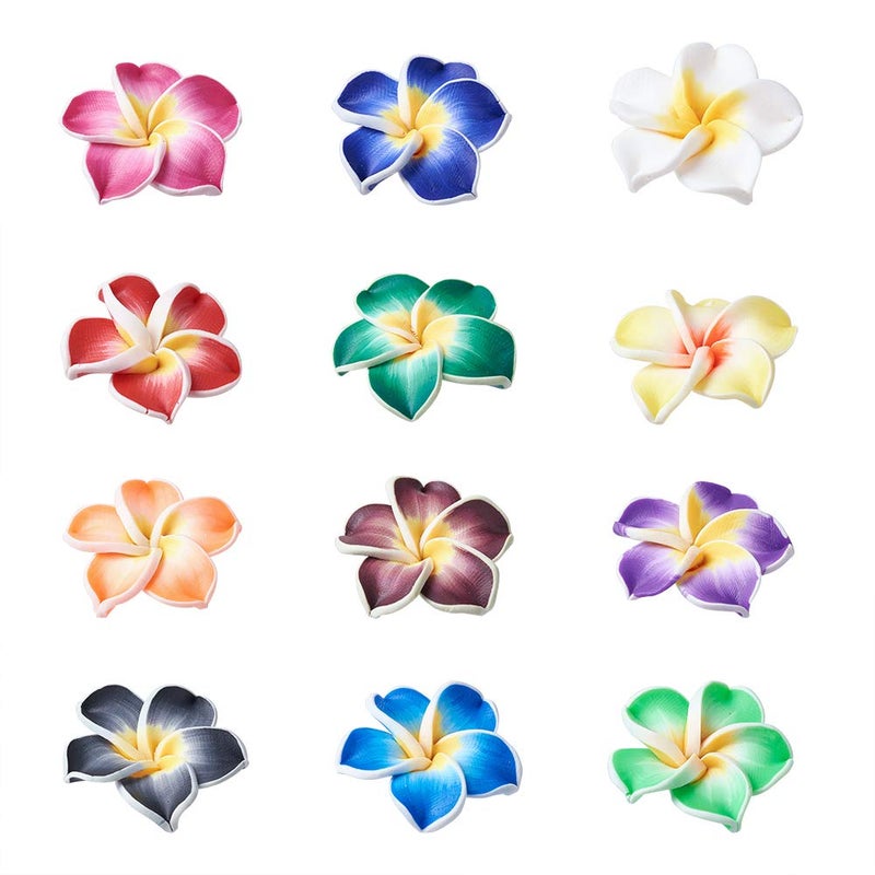 Craftdady 200Pcs Polymer Clay Plumeria Flower Beads Side Drilled Blossom Floral Embellishments 15mm Random Colors for Hawaiian Summer Jewelry Craft Making