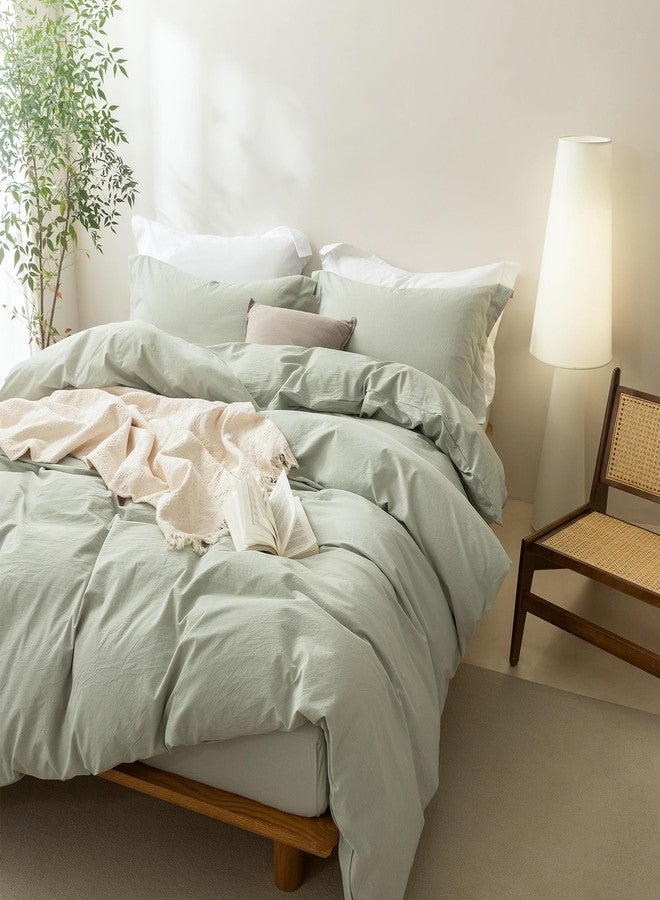 BDEAR Linen Feel Duvet Cover King Size, 100% Washed Cotton Comforter Cover 90x90inch with Zipper Closure Plus 2 Pillowcases, Solid-Sage Green - Image 5