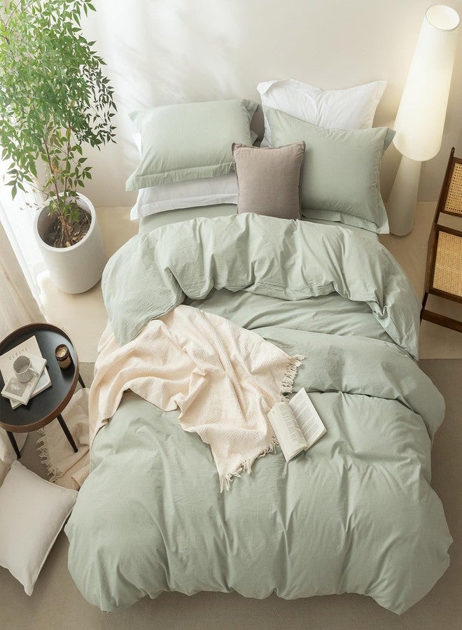 BDEAR Linen Feel Duvet Cover King Size, 100% Washed Cotton Comforter Cover 90x90inch with Zipper Closure Plus 2 Pillowcases, Solid-Sage Green - Image 4