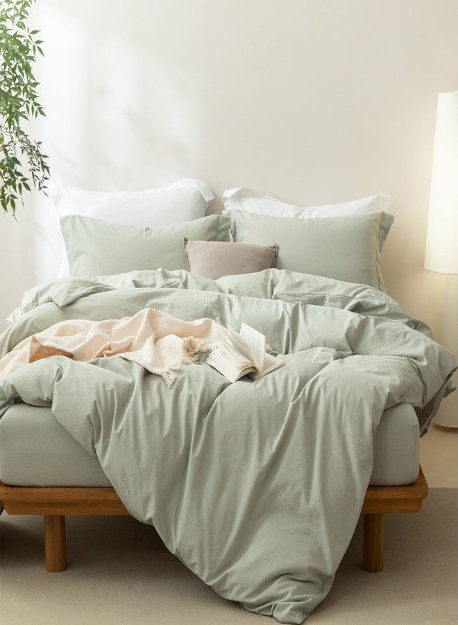 BDEAR Linen Feel Duvet Cover King Size, 100% Washed Cotton Comforter Cover 90x90inch with Zipper Closure Plus 2 Pillowcases, Solid-Sage Green - Image 2