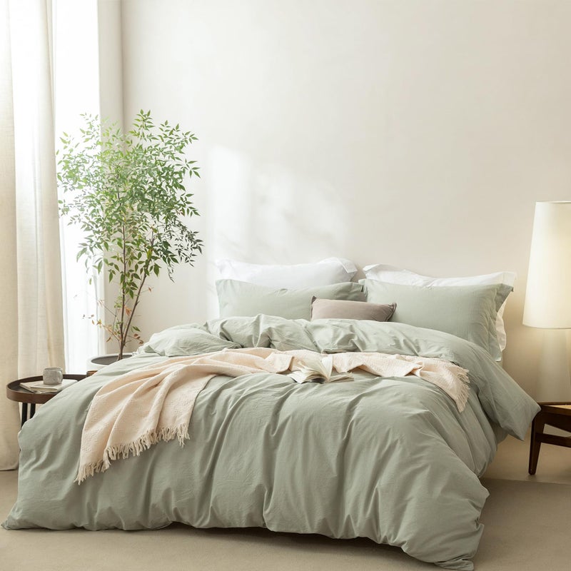 BDEAR Linen Feel Duvet Cover King Size, 100% Washed Cotton Comforter Cover 90x90inch with Zipper Closure Plus 2 Pillowcases, Solid-Sage Green - Image 1