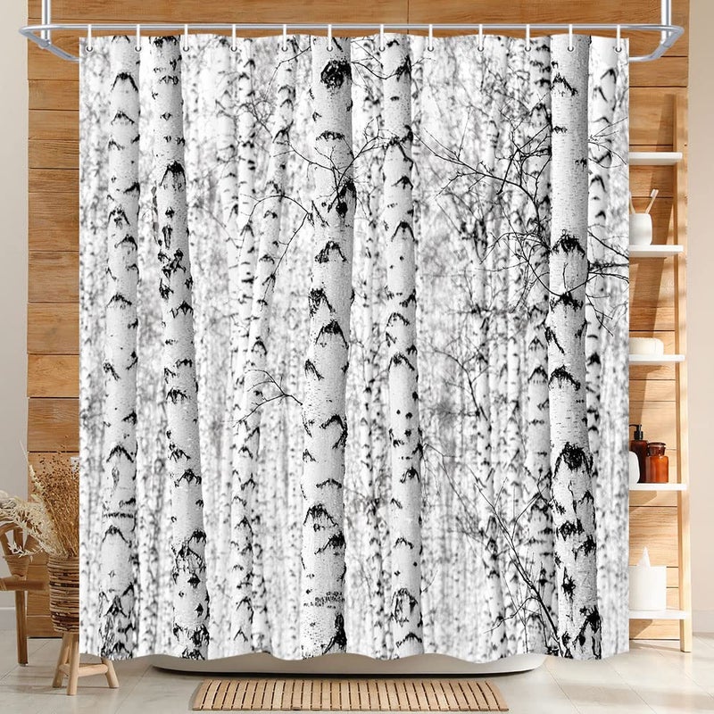 Wathon Birch Trees Shower Curtain Gray Tree Bathroom Decor Winter Birch Forest Bath Curtain Neutral Black and White Bath Set Rustic Winter Forest Landscape Bathroom Accessories Hooks Included 72X72IN - Image 3