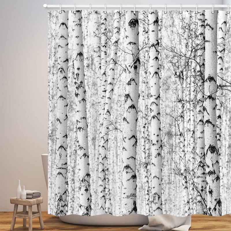 Wathon Birch Trees Shower Curtain Gray Tree Bathroom Decor Winter Birch Forest Bath Curtain Neutral Black and White Bath Set Rustic Winter Forest Landscape Bathroom Accessories Hooks Included 72X72IN - Image 1