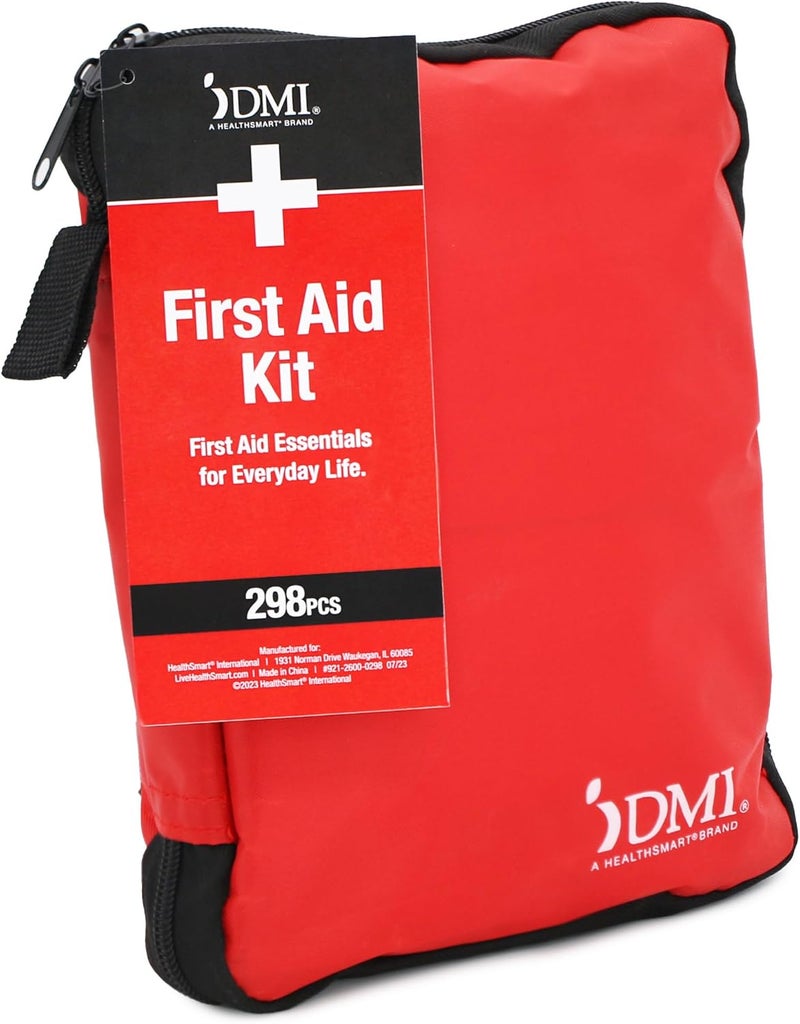 طقم الإسعافات الأولية الطارئة الكامل من DMI 298 قطعة، يعالج الألم، والتورم، والجروح، والخدوش والحروق، دليل الإسعافات الأولية الكامل متضمن، تنظيم جيوب واضح، حقيبة سفر متينة بسحاب