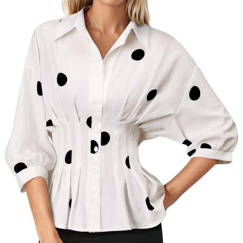Nlife Women Polka Dot Pleated Peplum Blouse 3/4 Sleeve Button Down Cinched Waist Shirt Fitted Flattering Office Daytime Top - Image 1
