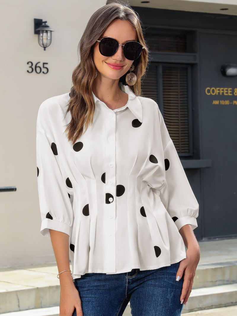 Nlife Women Polka Dot Pleated Peplum Blouse 3/4 Sleeve Button Down Cinched Waist Shirt Fitted Flattering Office Daytime Top - Image 2