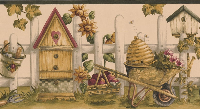 Norwall Vintage Birdhouses Sunflowers Gardening Tools Picket Fence Coconut White Wallpaper Border Retro Design Roll 15 x 7