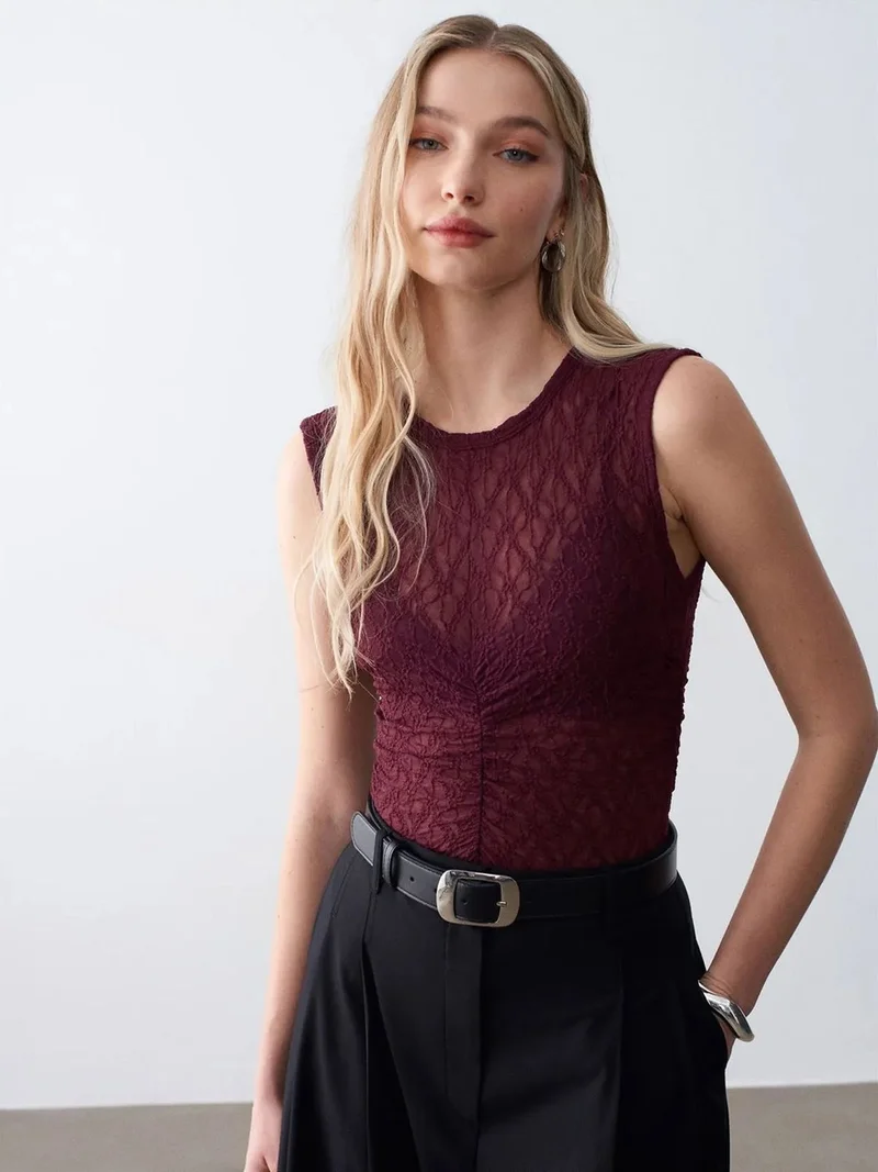 Dilvin DILVIN Sleeveless Lace Ribbed Blouse