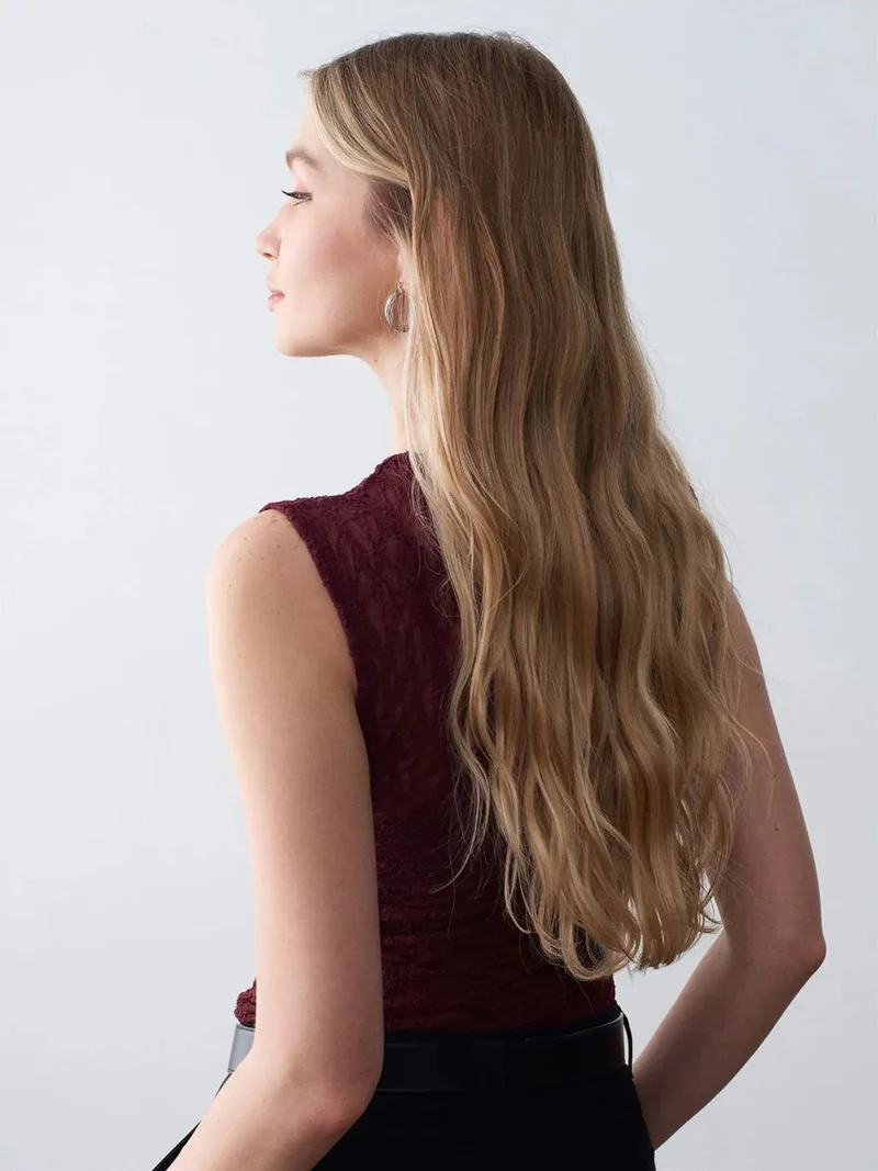 Dilvin DILVIN Sleeveless Lace Ribbed Blouse