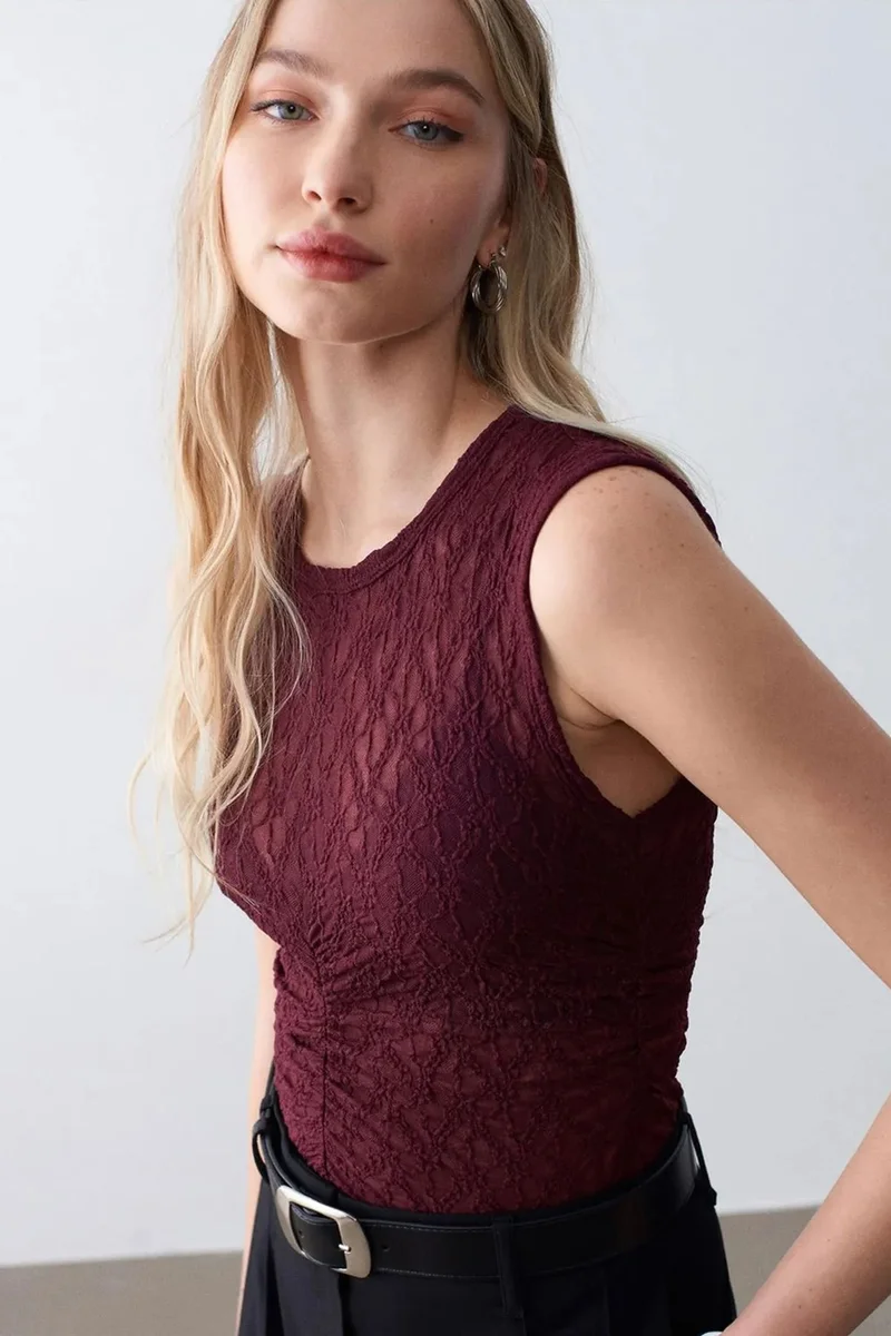 Dilvin Burgundy Red DILVIN Sleeveless Lace Ribbed Blouse for Women | Best Price UAE