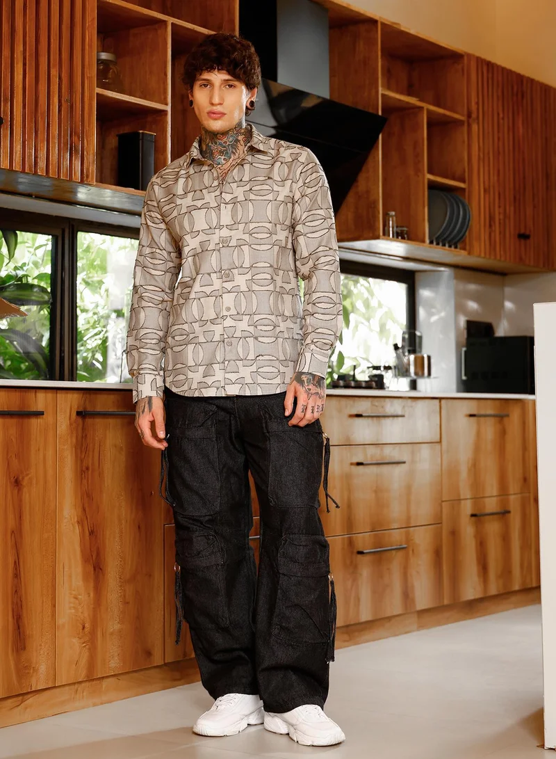 CAHOOT  Men's Ash Brown Geometric-Curve Jacquard Shirt for Men | Best Price UAE