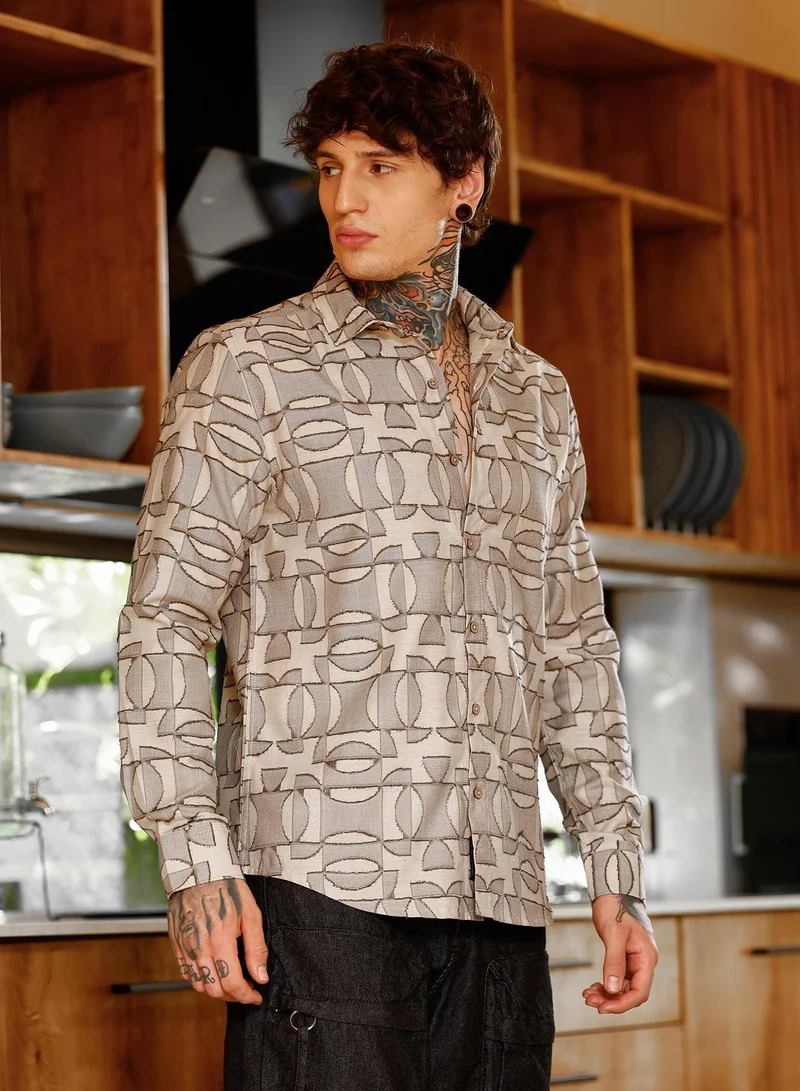 CAHOOT  Men's Ash Brown Geometric-Curve Jacquard Shirt for Men | Best Price UAE