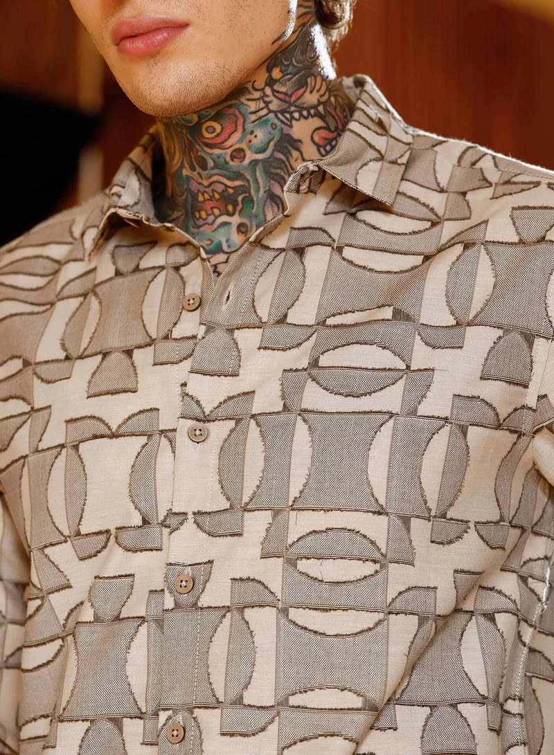 CAHOOT  Men's Ash Brown Geometric-Curve Jacquard Shirt for Men | Best Price UAE