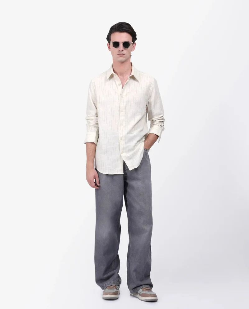 Rare Rabbit Rare Rabbit Men's Meem Beige Cotton Fabric Full Sleeve Collared Neck Button Closure Striped Shirt