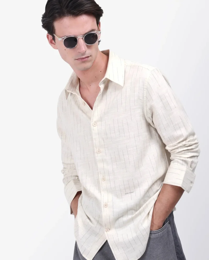 Rare Rabbit Rare Rabbit Men's Meem Beige Cotton Fabric Full Sleeve Collared Neck Button Closure Striped Shirt