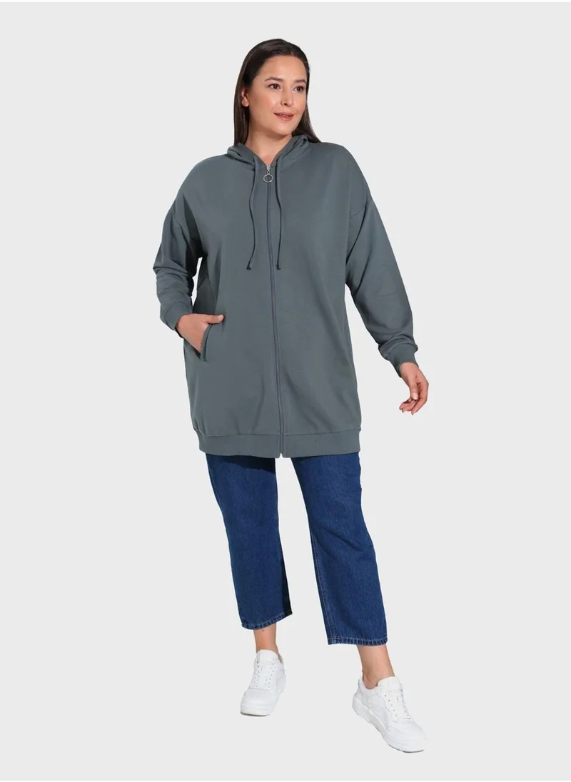 Alia by modanisa Zip Pocket Detail Hooded Coat