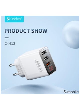 Celebrat C-H12-EU Triple USB Ports Fast Travel Charger With USB To Lightning Charging Cable And Led Digital Display Screen Fits Various Smart Devices 30W - White - pzsku/Z8739F85416FFD2FA8FF9Z/45/_/1731411182/9f39bd3a-f70d-41fc-aa14-708e2b4d2c91