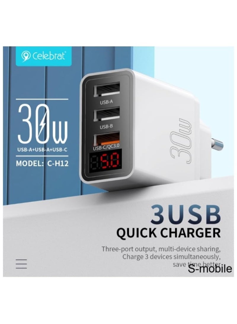 Celebrat C-H12-EU Triple USB Ports Fast Travel Charger With USB To Lightning Charging Cable And Led Digital Display Screen Fits Various Smart Devices 30W - White
