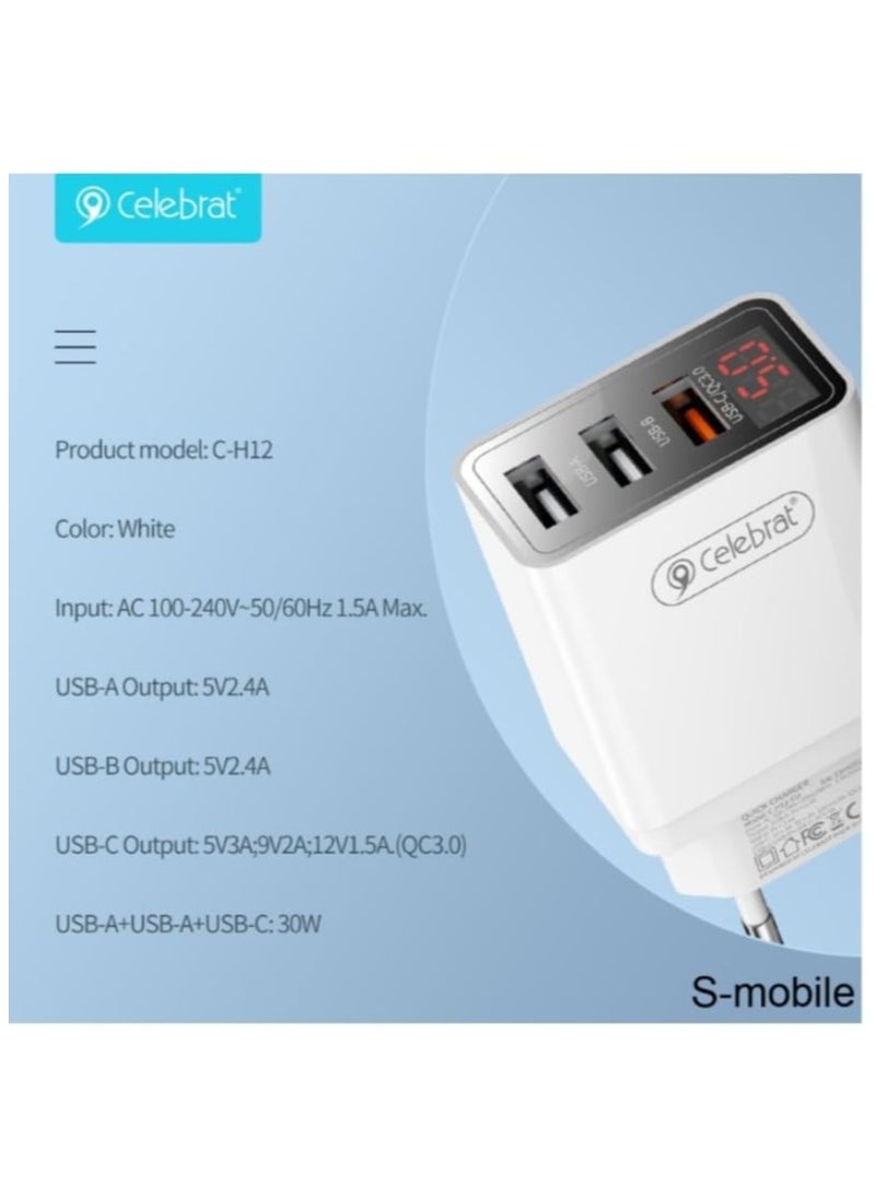 Celebrat C-H12-EU Triple USB Ports Fast Travel Charger With USB To Lightning Charging Cable And Led Digital Display Screen Fits Various Smart Devices 30W - White