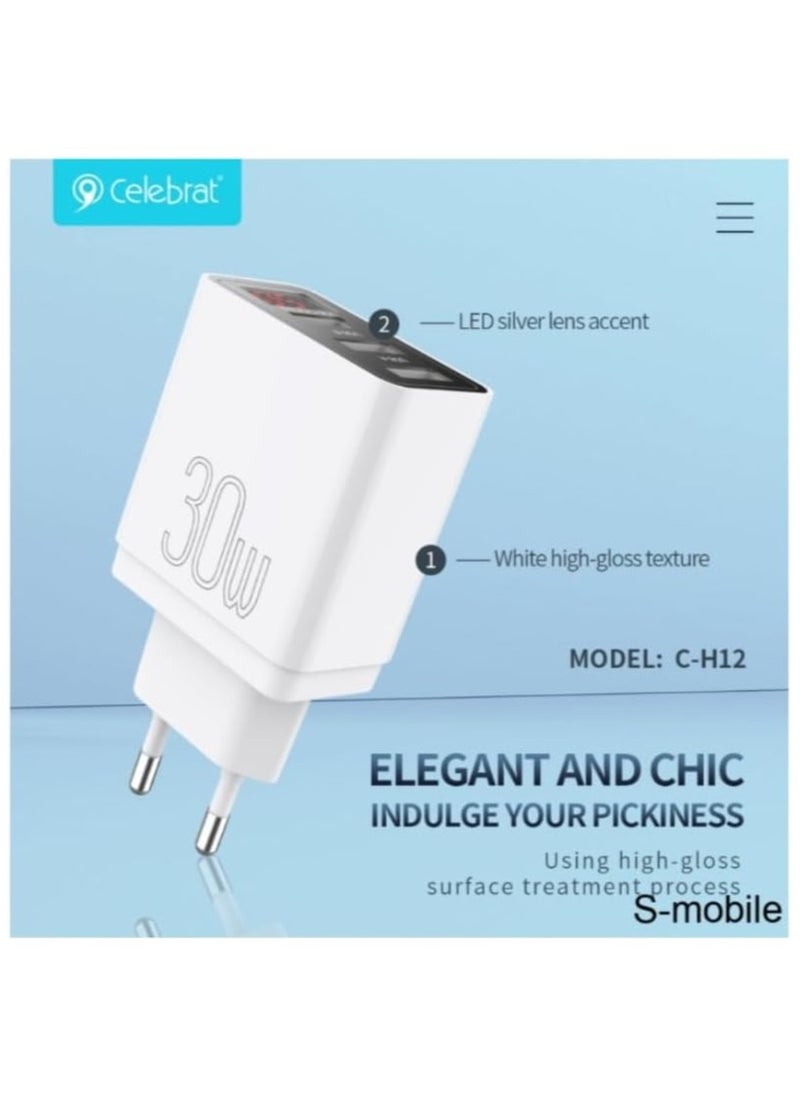 Celebrat C-H12-EU Triple USB Ports Fast Travel Charger With USB To Lightning Charging Cable And Led Digital Display Screen Fits Various Smart Devices 30W - White