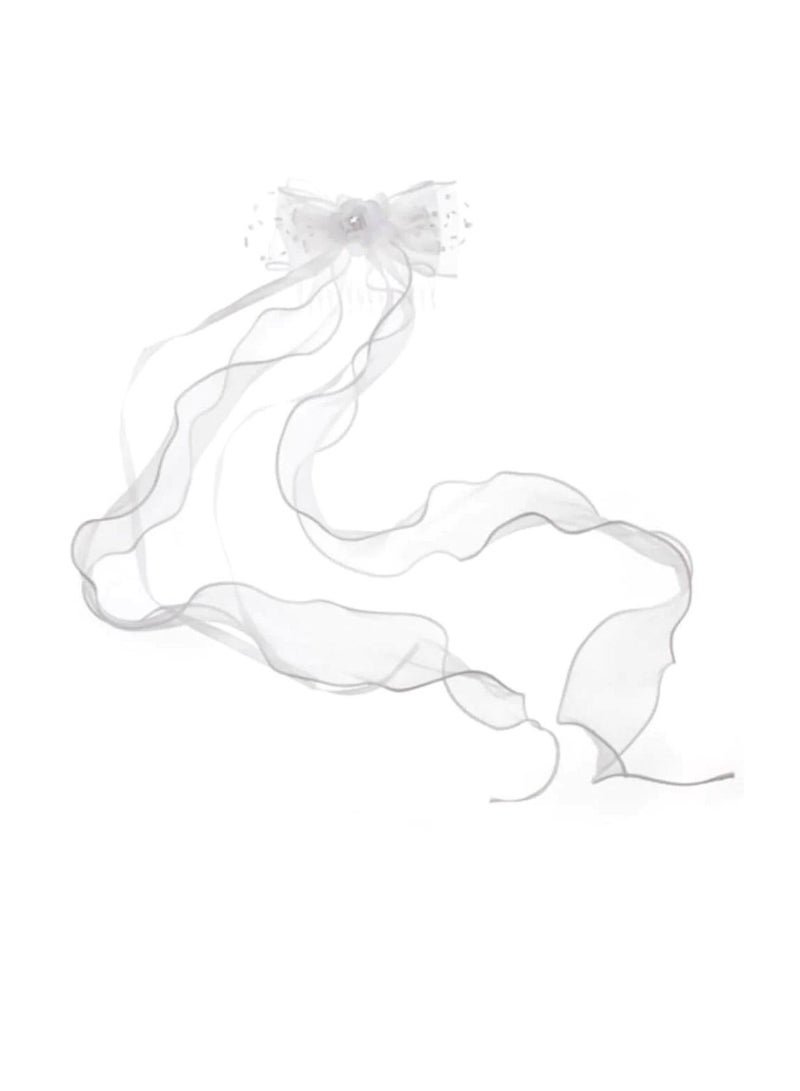 Bridal Bow Hair Comb w/White Tulle & Ribbon Trim - Image 2