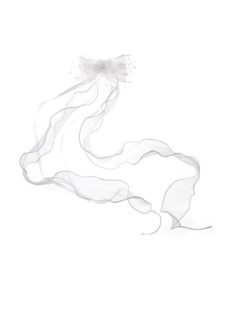 Bridal Bow Hair Comb w/White Tulle & Ribbon Trim - Image 1