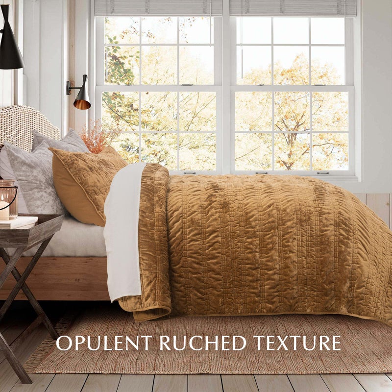 EVERGRACE Luxury Ruched Velvet Quilt King Size, Ultra Soft Bedspread Coverlet Set, Lightweight Velvet Comforter, Quilted Bedding Cover with 2 Matching Shams for All Season, Gold Yellow - Image 3