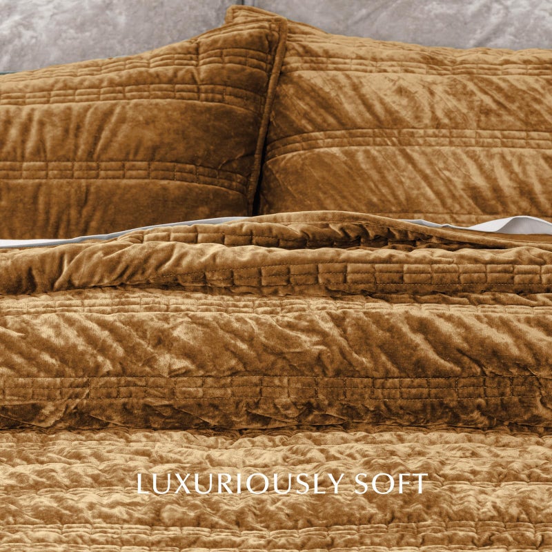 EVERGRACE Luxury Ruched Velvet Quilt King Size, Ultra Soft Bedspread Coverlet Set, Lightweight Velvet Comforter, Quilted Bedding Cover with 2 Matching Shams for All Season, Gold Yellow - Image 4