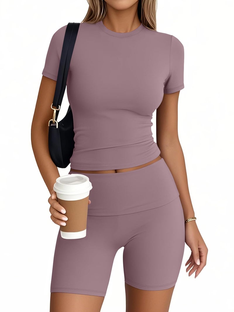 Trendy Queen 2 Piece Summer Cute Workout Sets Gym Short Set Pilates Yoga Outfits Going Out Spring Athletic Comfy Active Wear Nutmeg M - Image 2