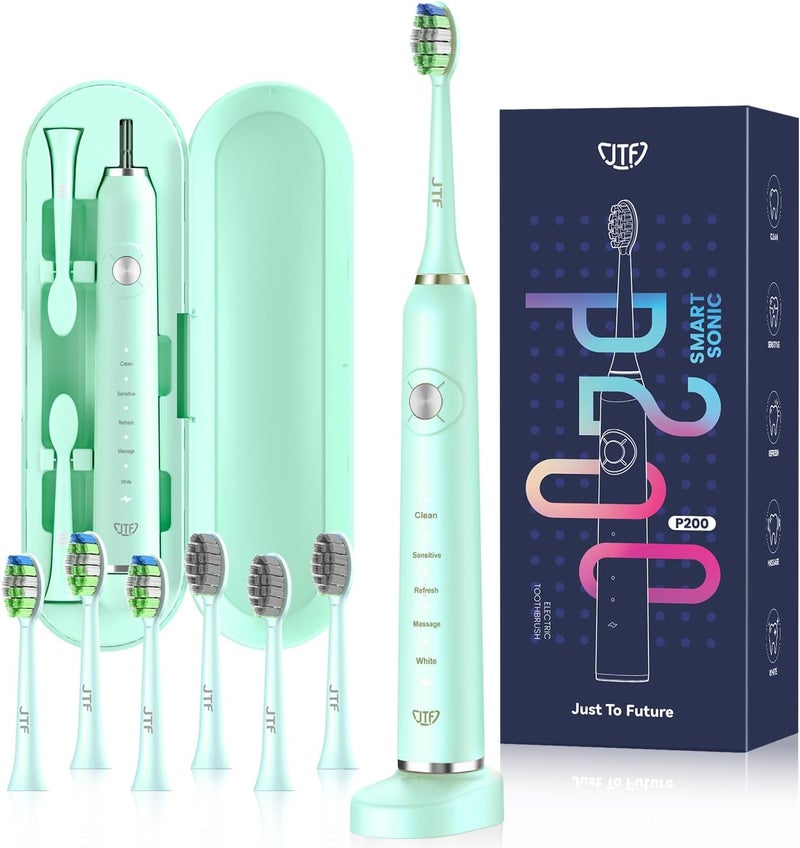 JTF Sonic Electric Toothbrush for Adults: 5 Modes with Smart Timer for Deep Cleaning & Whitening, 2 Brush Head Types for Sensitive Teeth, Gums & Braces, Travel-Friendly Case and Wireless Charging Base - Image 1